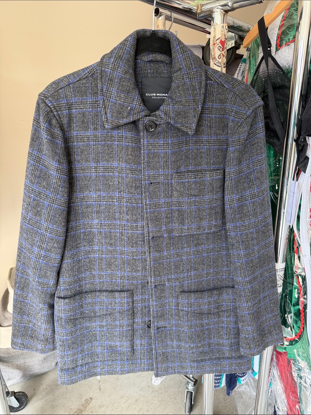 Club Monaco Men's Gray Plaid Wool Pea Coat with Blue Windowpane